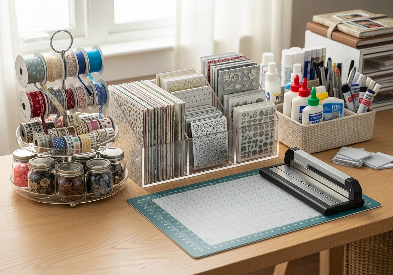 Organized scrapbooking workspace with supplies neatly arranged