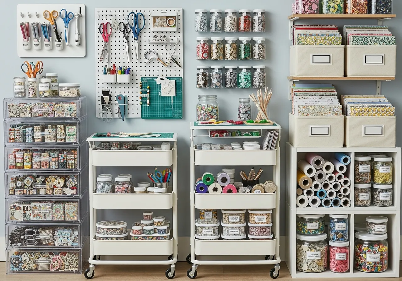 Organized storage solutions for scrapbooking materials and supplies