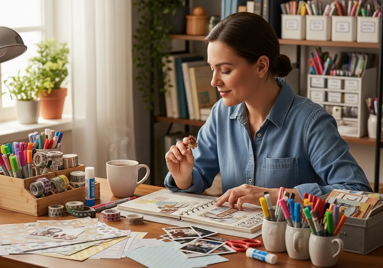 Person enjoying peaceful scrapbooking session in comfortable creative space